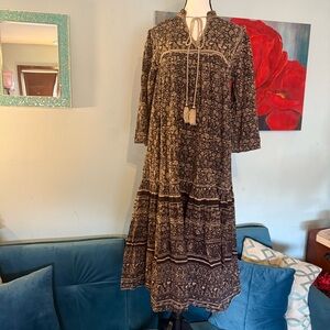 MABE Farrah Brown Print Cotton Dress Womens S Boho Floral Maxi Cottage Summer